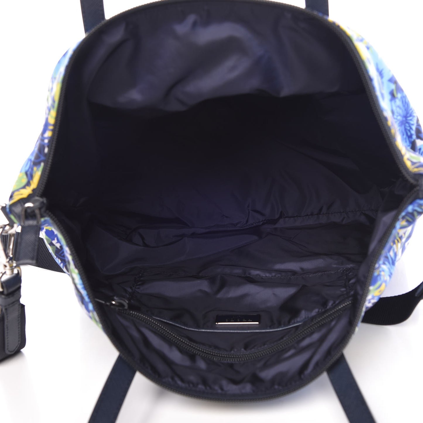 Tessuto Nylon Saffiano Floral Print Tote Bluette Dis Primule