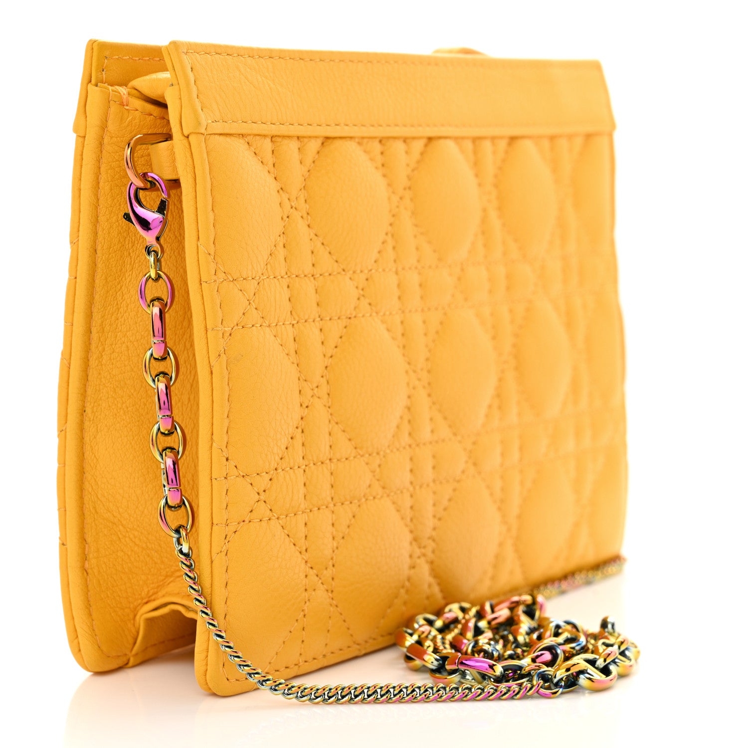 Christian Dior Calfskin Cannage Caro Zipped Pouch With Chain Sunny Yellow 3 of 10