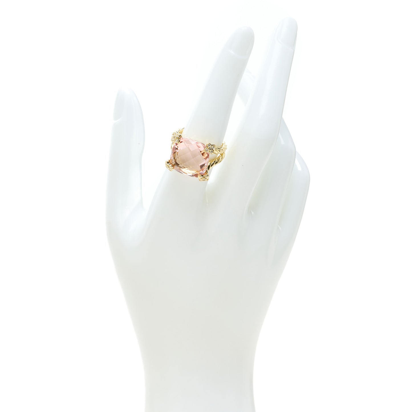 18K Yellow Gold Diamond Morganite 15mm Cushion On Point Ring 54 7