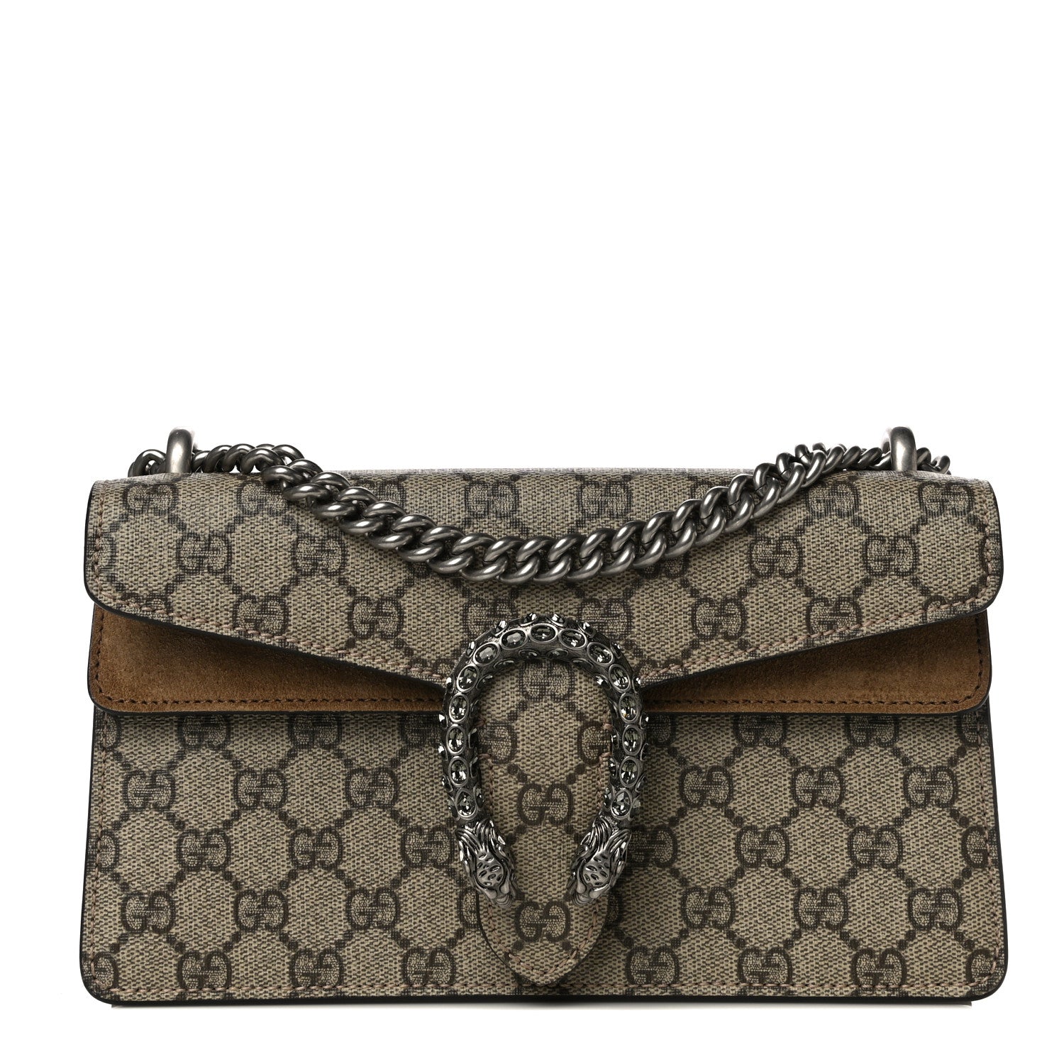 Gucci GG Supreme Monogram Suede Crystal Small Dionysus Shoulder Bag Beige Ebony Taupe 1 of 14