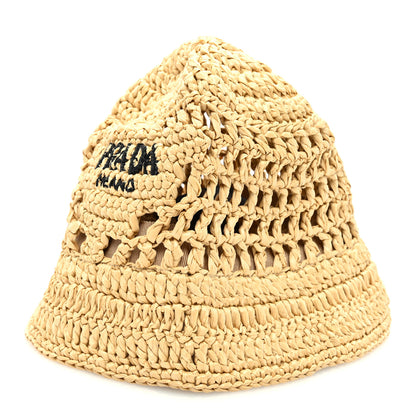 Prada Yarn Raffia Effect Crochet Logo Embroidered Womens Bucket Hat M Naturale 1 of 8