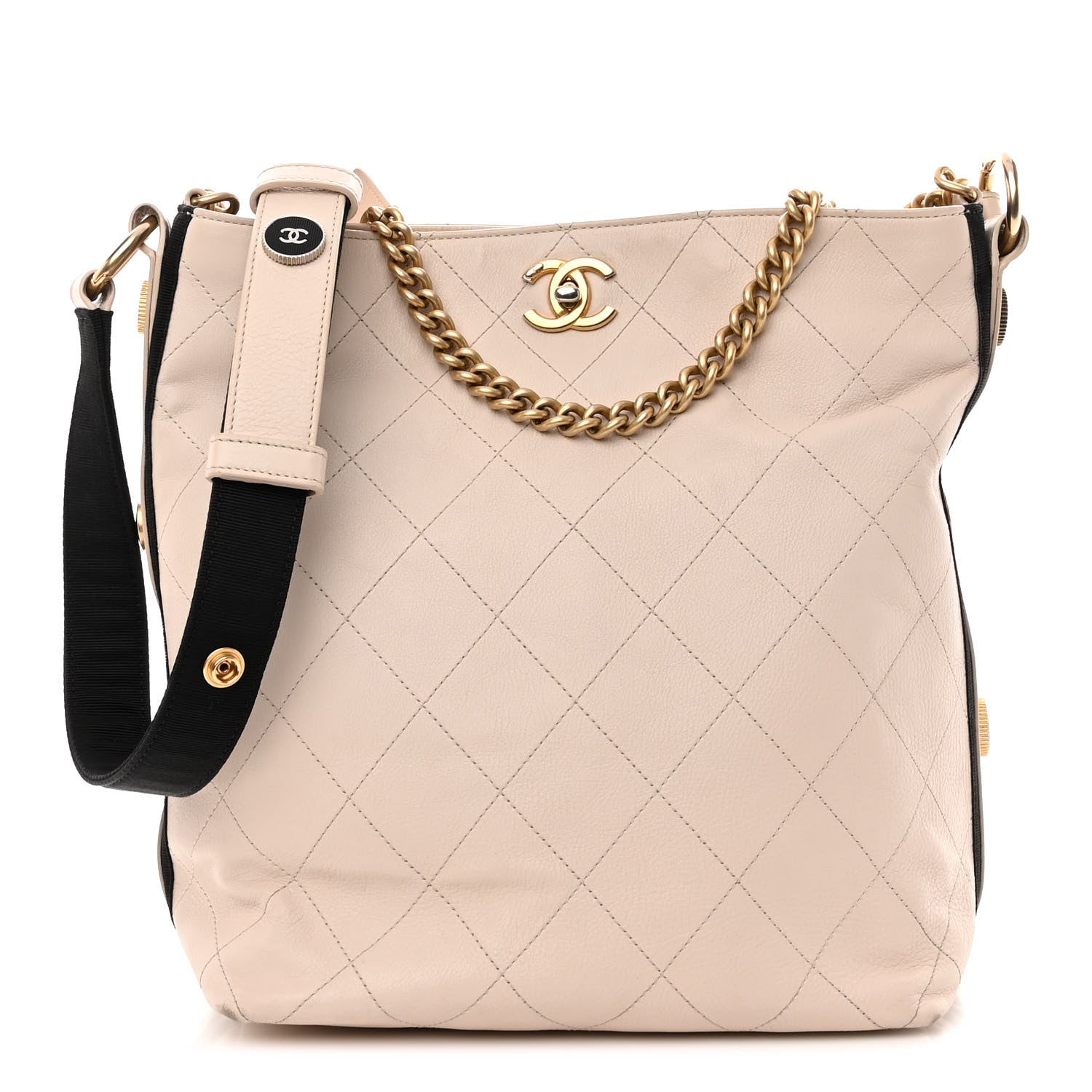 Chanel Calfskin Stitched Large Button Up Hobo Ivory Black 1 of 13