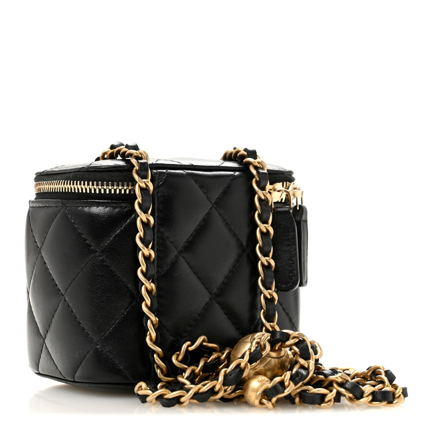 Lambskin Quilted Mini Pearl Crush Vanity Case With Chain Black