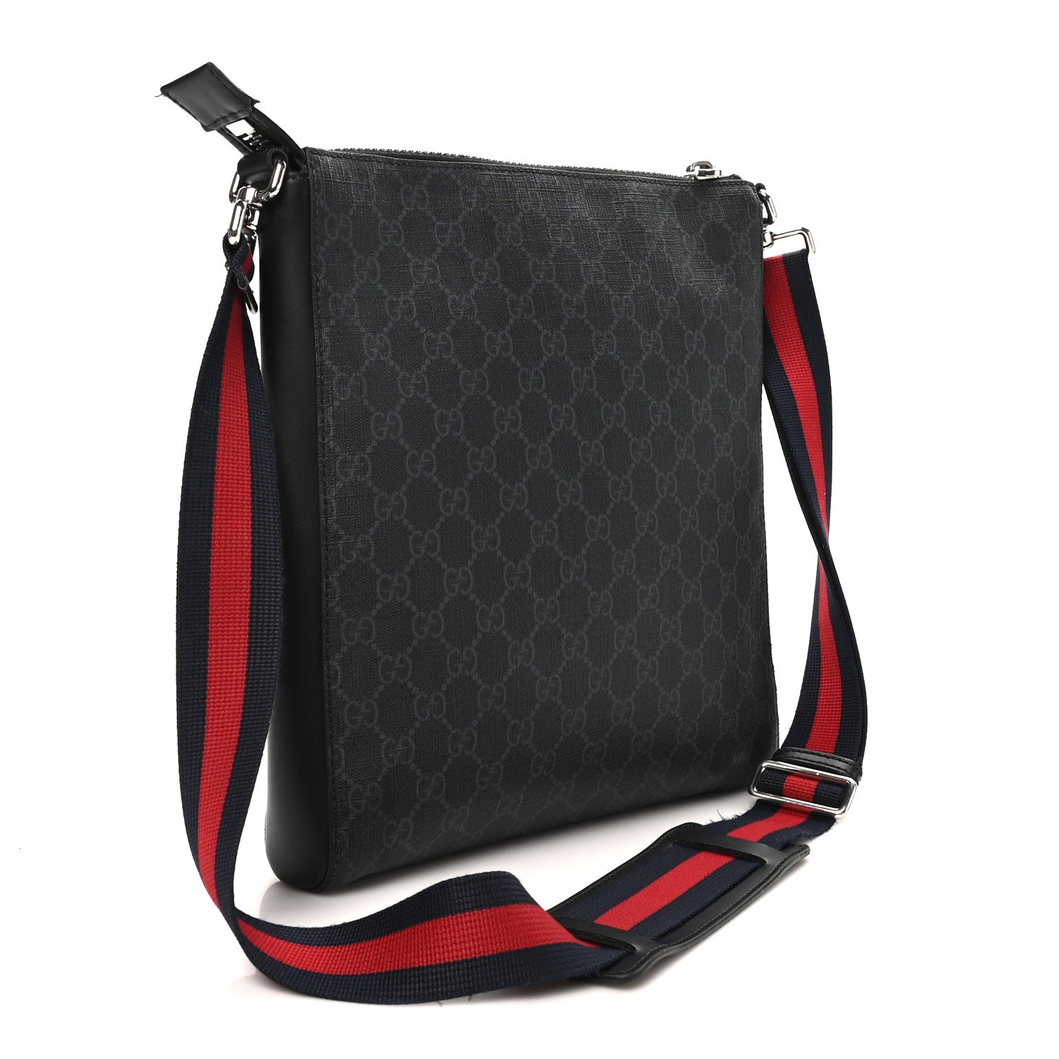 Gucci GG Supreme Monogram Appia Calfskin Web Flat Messenger Bag Black Grey 3 of 12