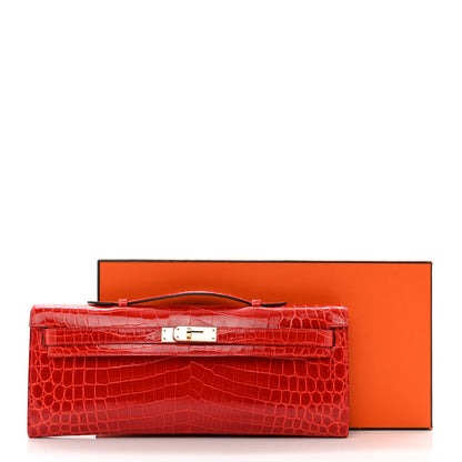 Hermes Shiny Niloticus Crocodile Kelly Cut Pochette Geranium 9 of 9