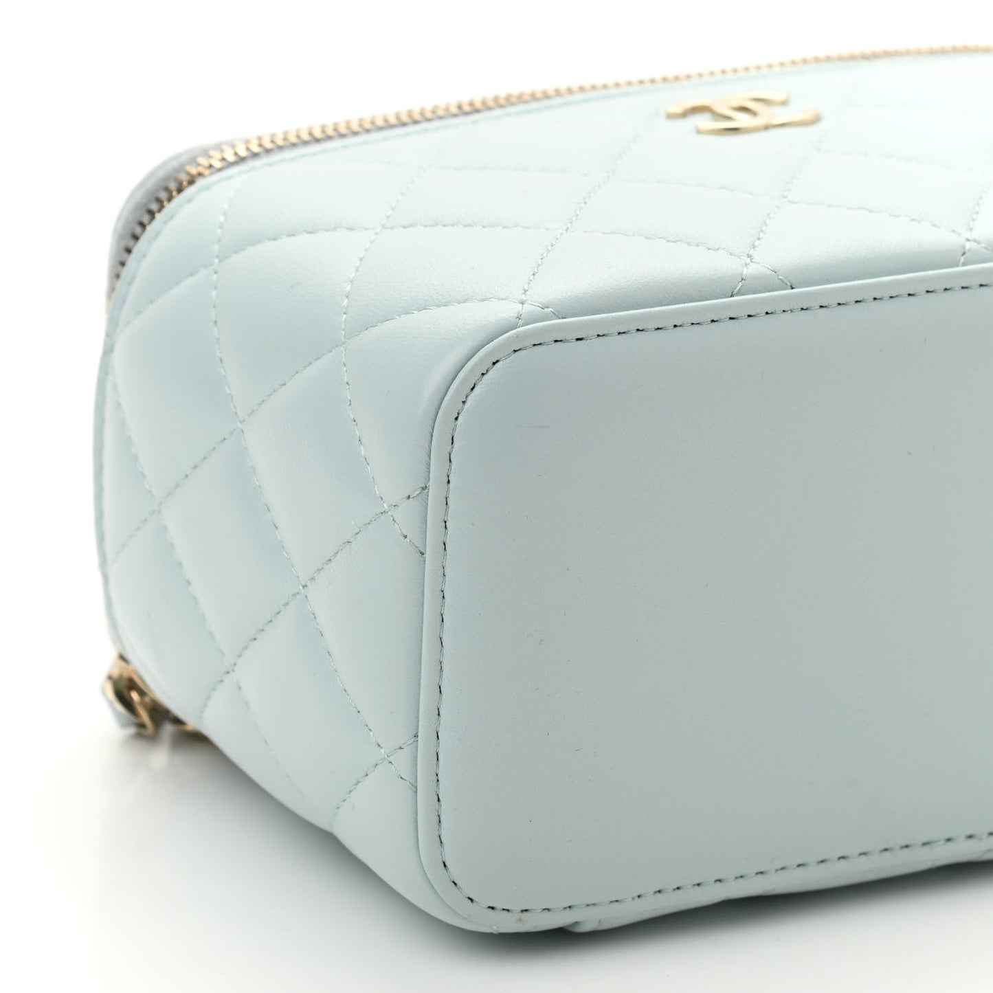 Lambskin Quilted Small Top Handle Vanity Case With Chain Light Blue