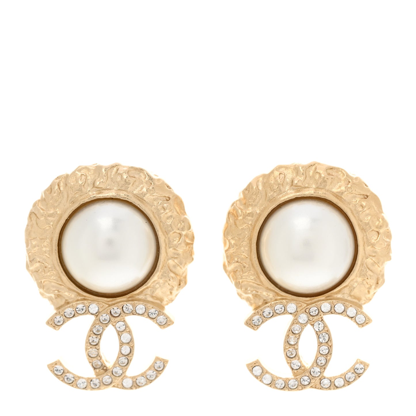 Crystal Pearl Textured CC Round Drop Earrings Gold