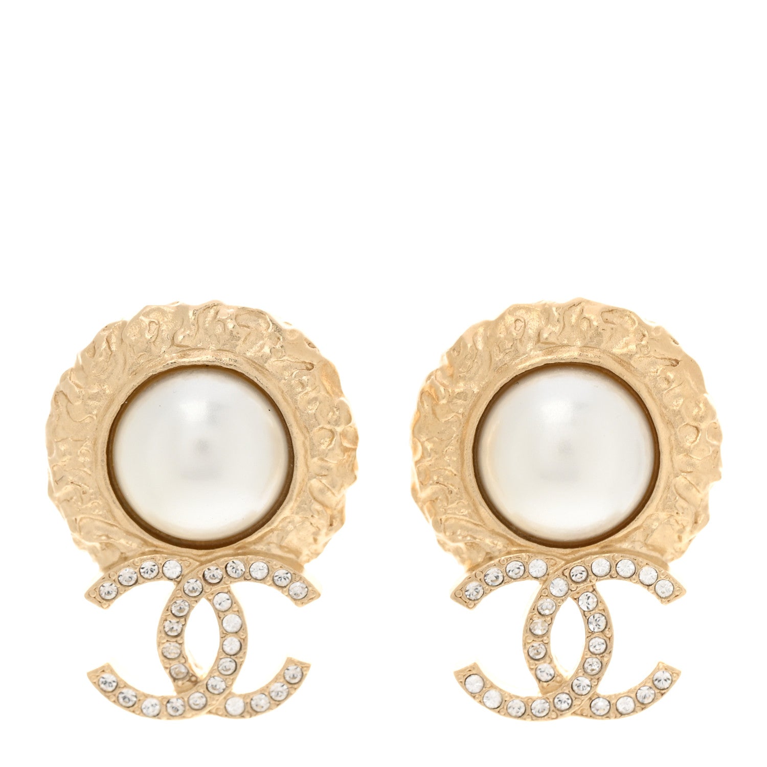 Chanel Crystal Pearl Textured CC Round Drop Earrings Gold 1 of 5