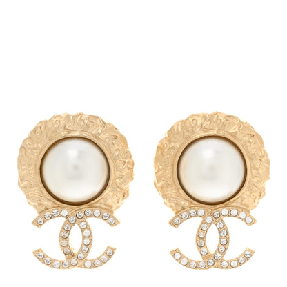 Chanel Crystal Pearl Textured CC Round Drop Earrings Gold 1 of 5