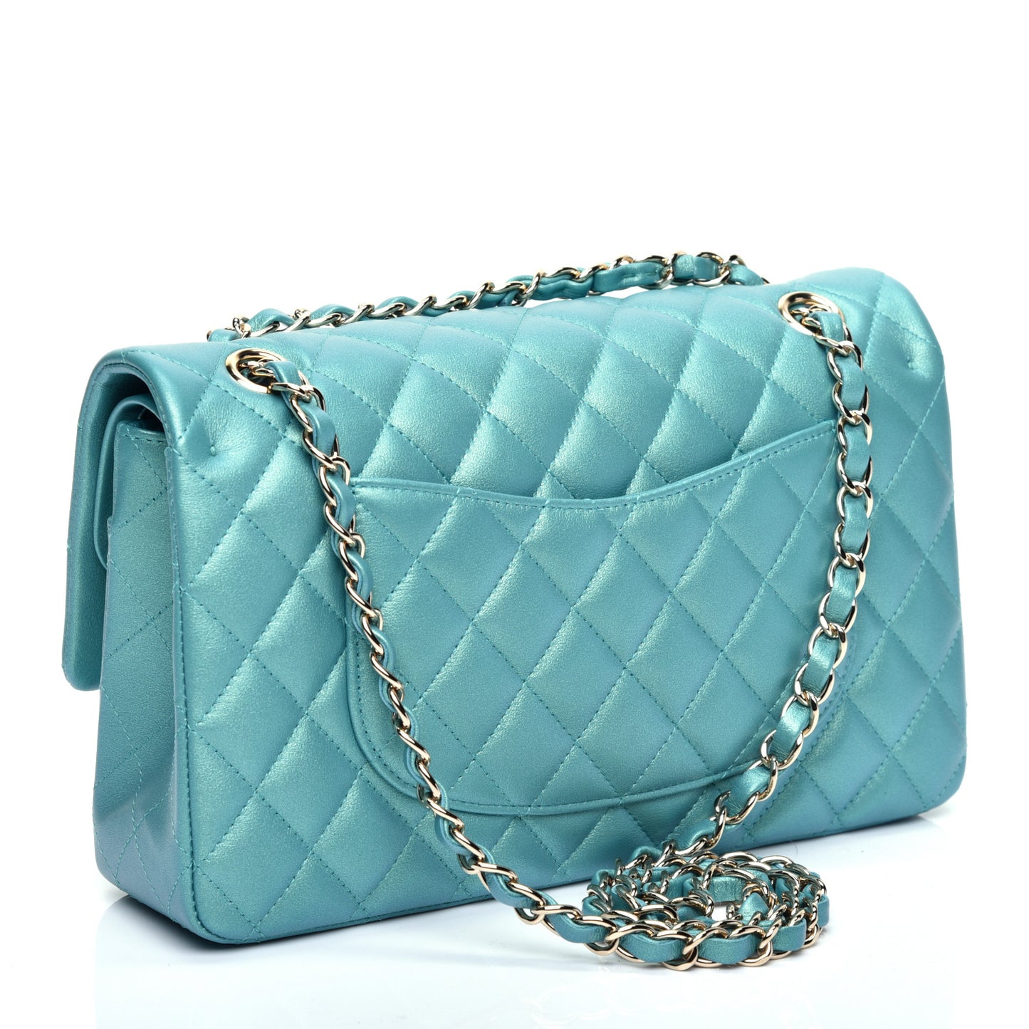 Iridescent Calfskin Quilted Medium Double Flap Green