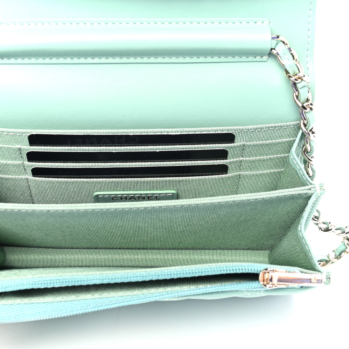 Lambskin Quilted Mini Wallet On Chain WOC Light Green
