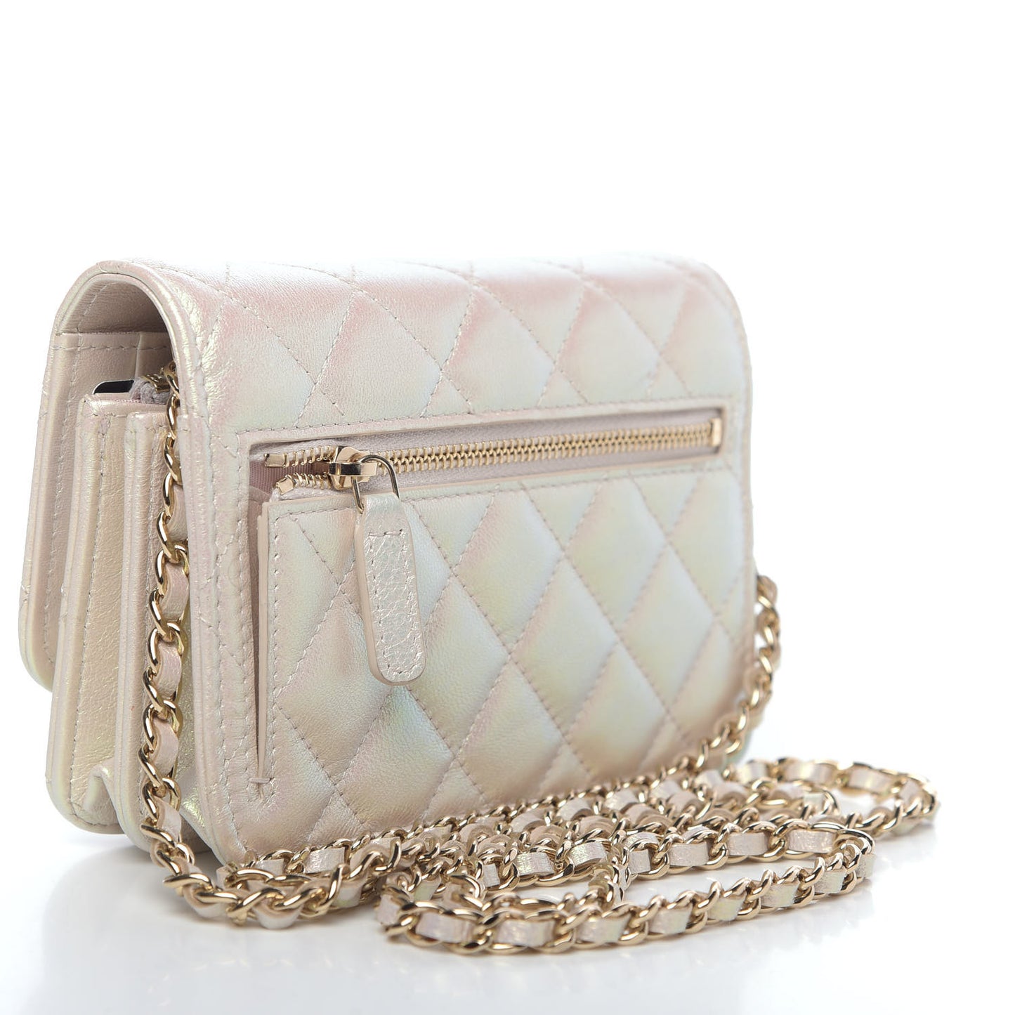 Iridescent Lambskin Quilted Mini Wallet On Chain WOC Ivory