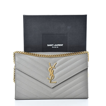 Saint Laurent Grain De Poudre Matelasse Chevron Monogram Chain Wallet Oyster Grey 13 of 13