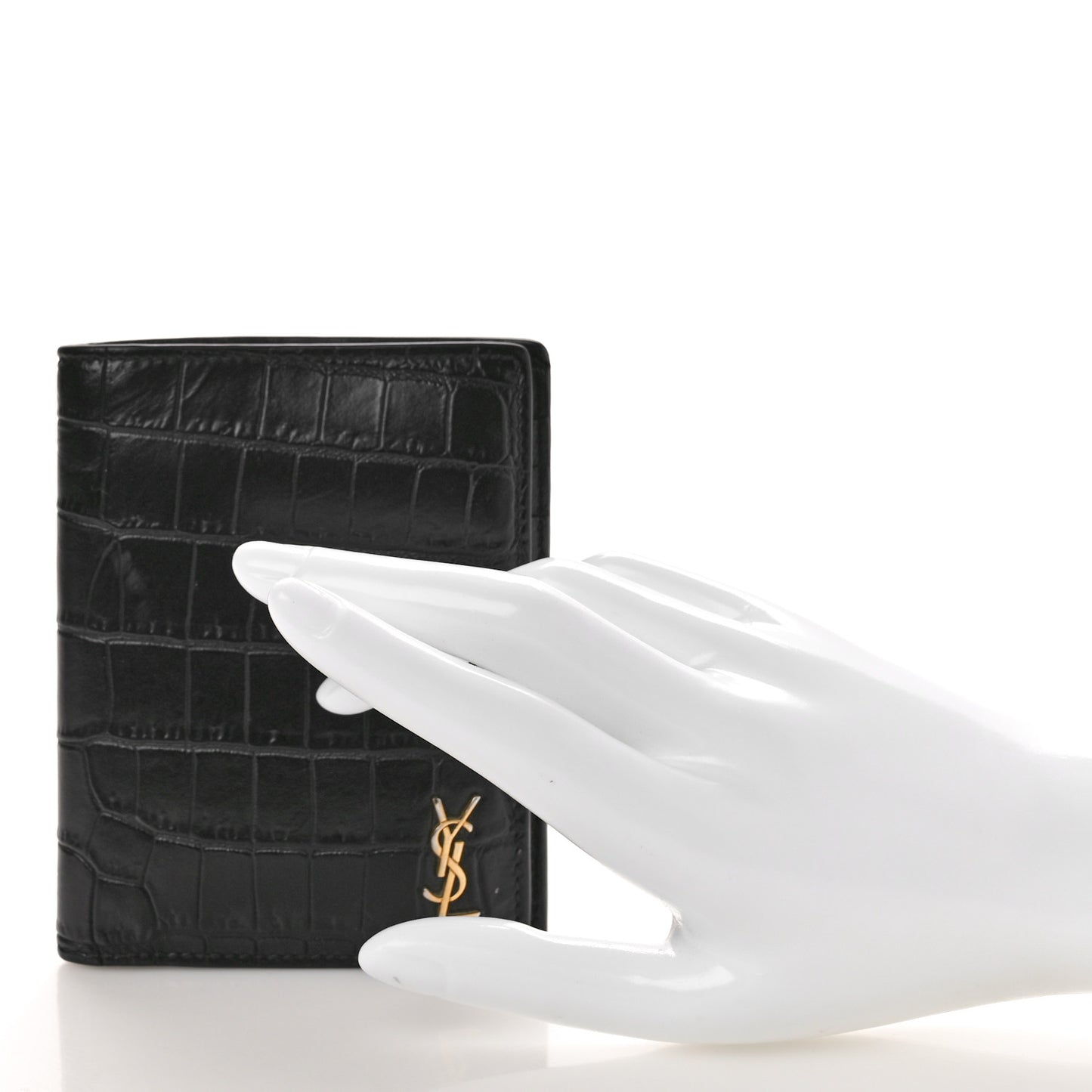 Calfskin Crocodile Embossed Tiny Monogram Credit Card Wallet Black