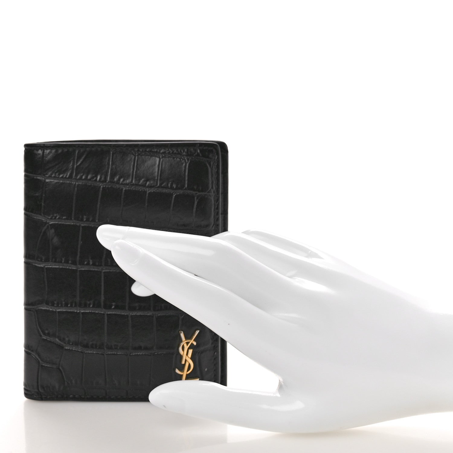 Saint Laurent Calfskin Crocodile Embossed Tiny Monogram Credit Card Wallet Black 2 of 9