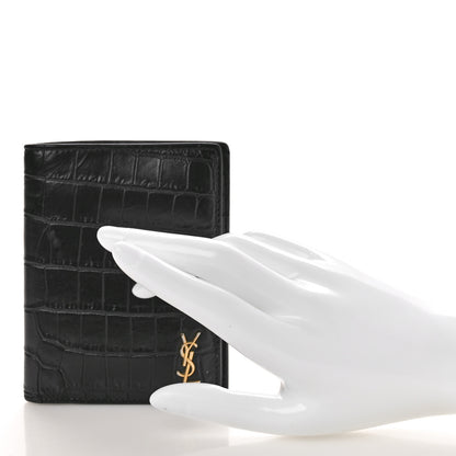 Saint Laurent Calfskin Crocodile Embossed Tiny Monogram Credit Card Wallet Black 2 of 9