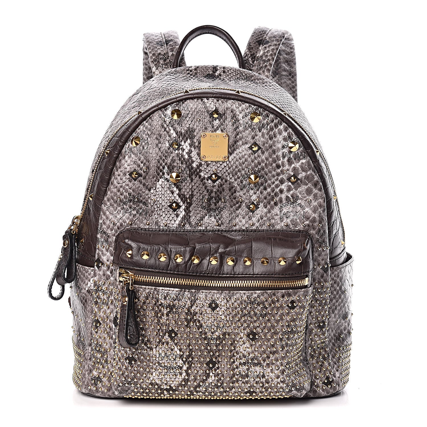 MCM Visetos Snakeskin Printed Studded Small Stark Backpack Light Grey 1 of 15