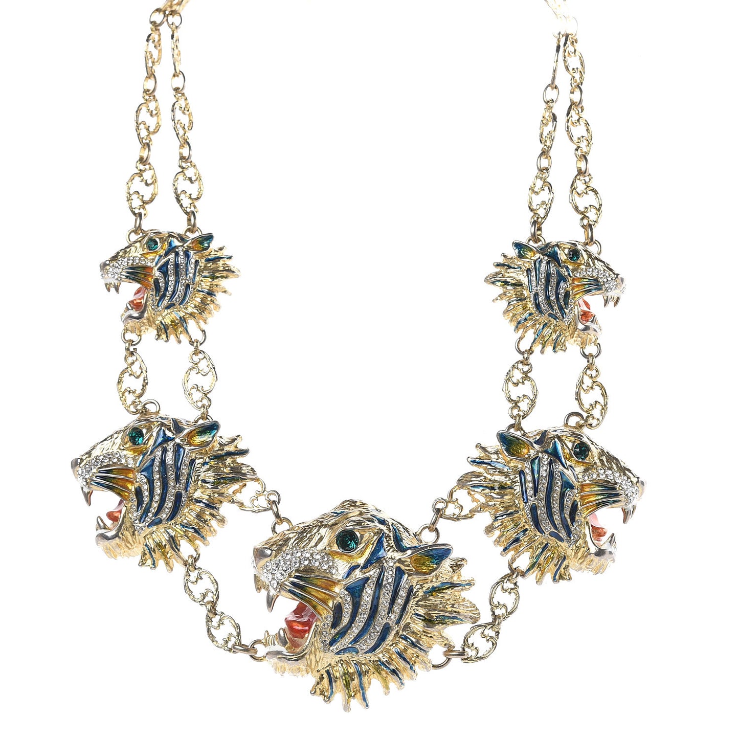 Metal Crystal Enamel Rajah Chain Necklace Gold Blue