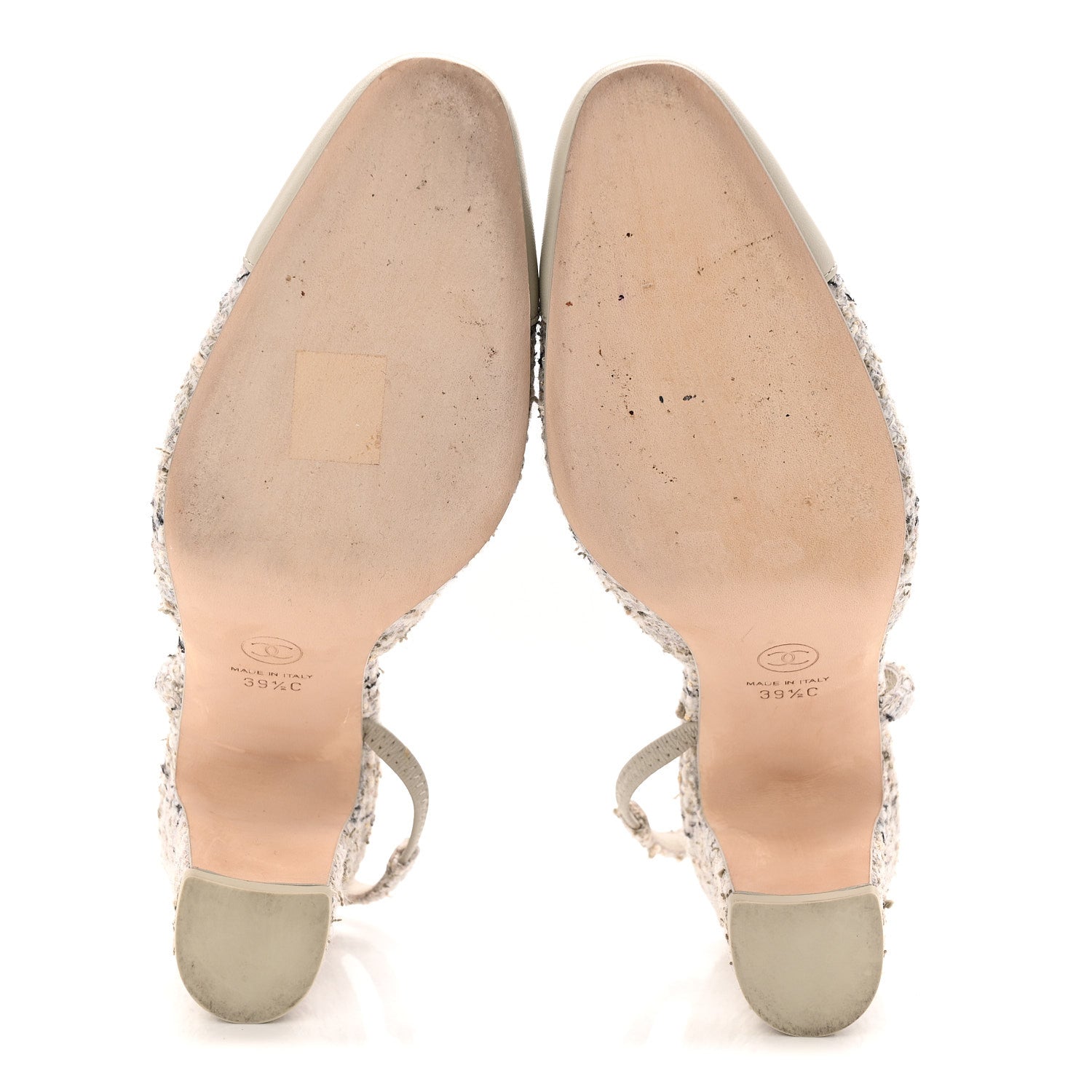 Chanel Wool Cotton Tweed Lambskin Cap Toe CC Slingback Pumps 39.5 Grey Black Gold 6 of 10