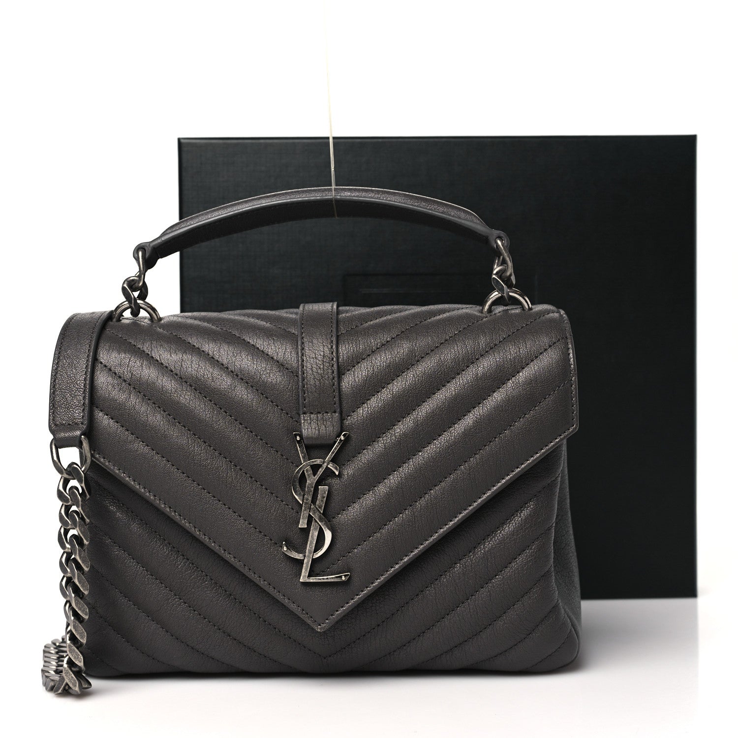 Saint Laurent Sheepskin Matelasse Chevron Monogram Medium College Bag Light Coal 11 of 11