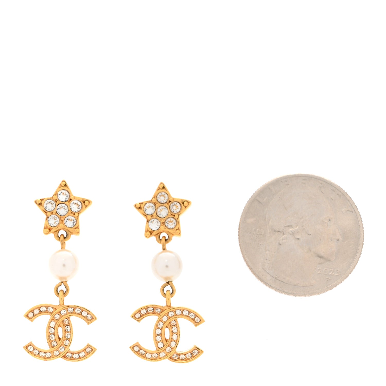 Chanel Metal Crystal Pearl CC Star Drop Earrings Gold Pearly White 2 of 5