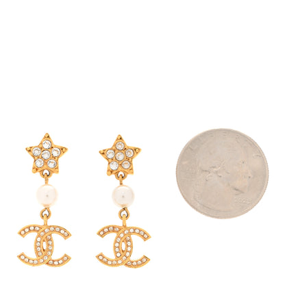 Chanel Metal Crystal Pearl CC Star Drop Earrings Gold Pearly White 2 of 5