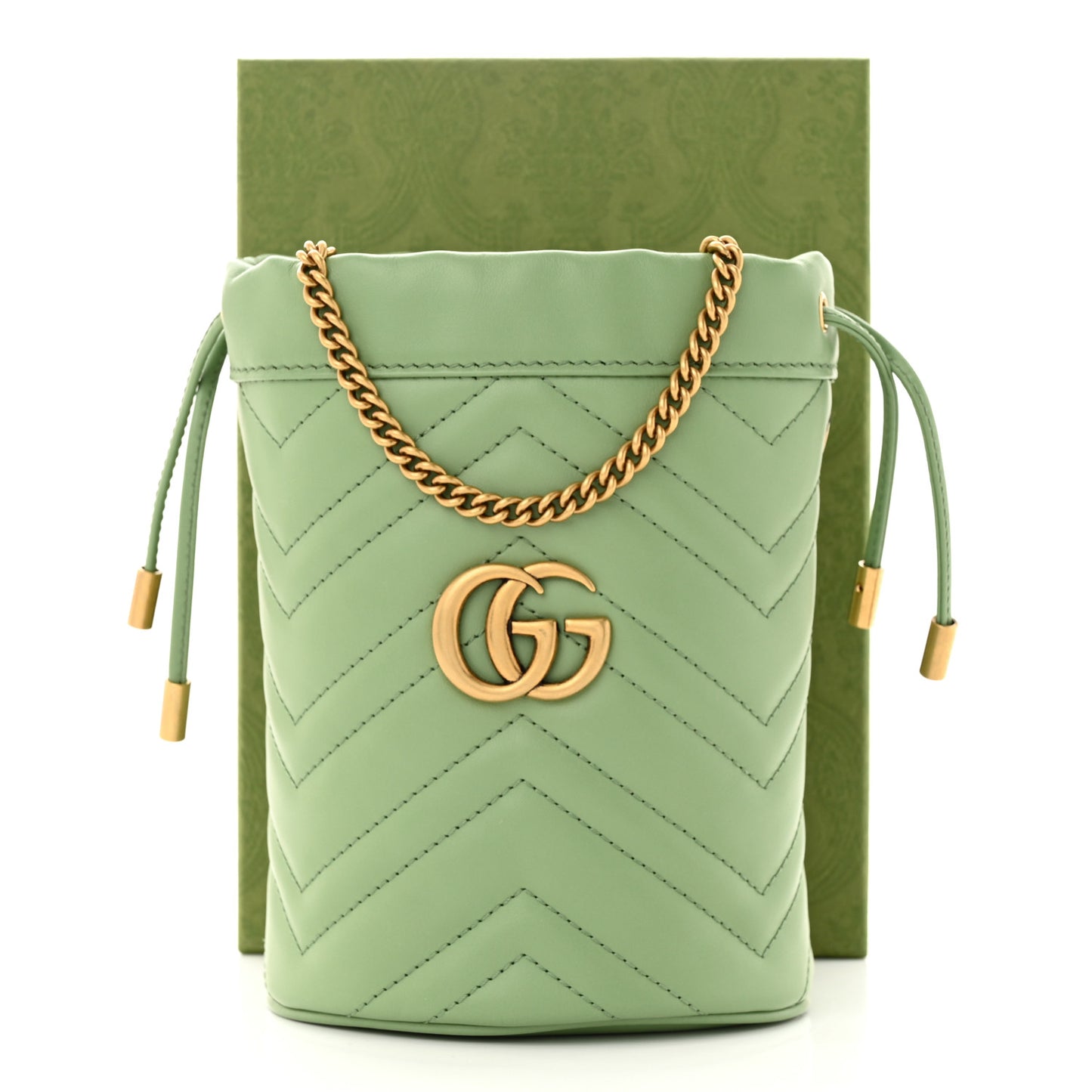 Calfskin Matelasse Chevron Mini GG Marmont 2.0 Bucket Bag Salamander Green