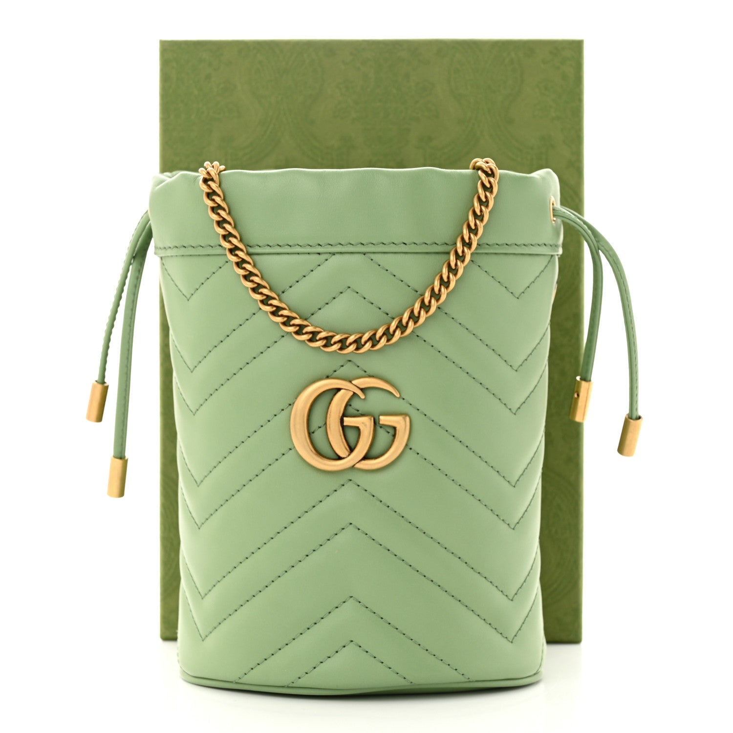 Gucci Calfskin Matelasse Chevron Mini GG Marmont 2.0 Bucket Bag Salamander Green 11 of 11