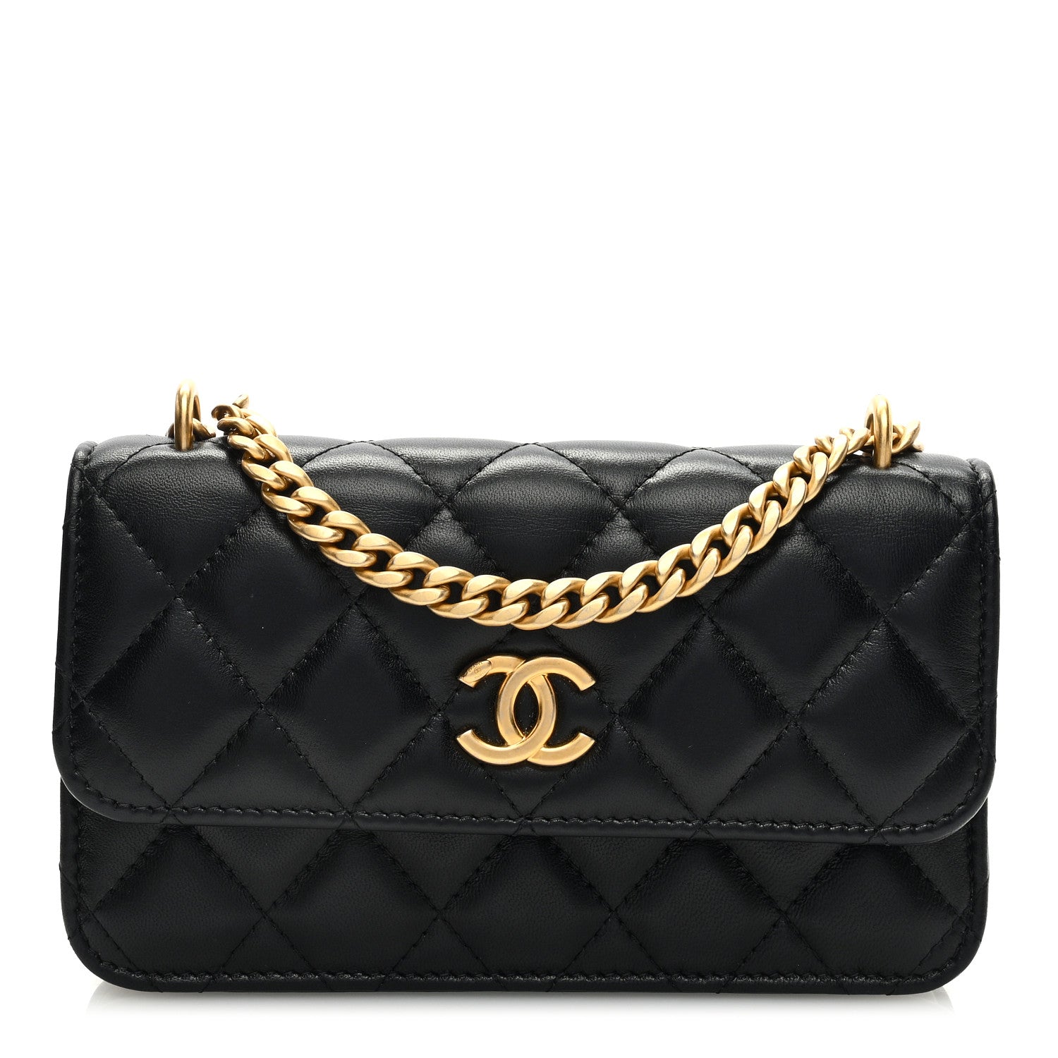 Chanel Lambskin Quilted Sweet Camellia Flap Phone Holder With Chain Black 1 of 10
