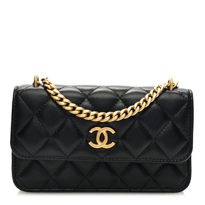 Chanel Lambskin Quilted Sweet Camellia Flap Phone Holder With Chain Black 1 of 10