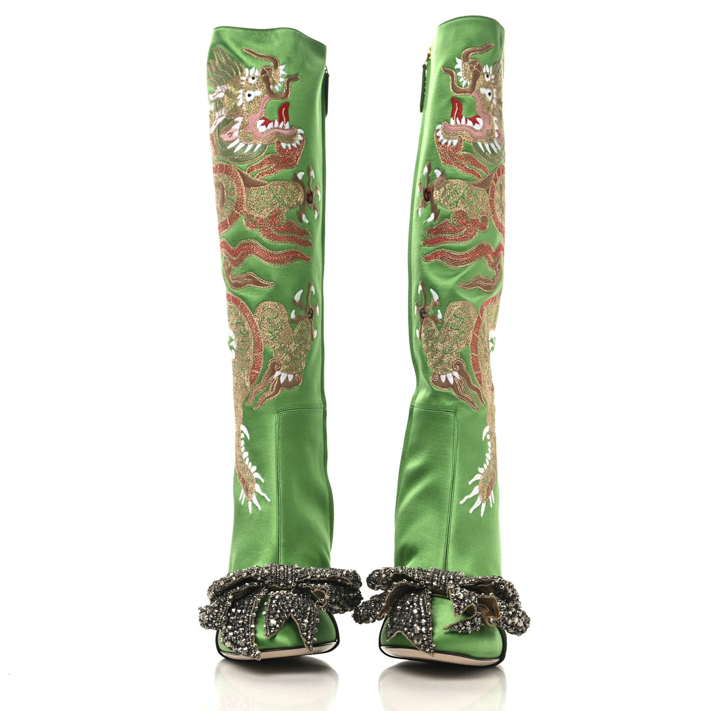 Silk Satin Malaga Kid Embroidered Candy Dragon Block-Heel Knee Boot 40.5 Palm