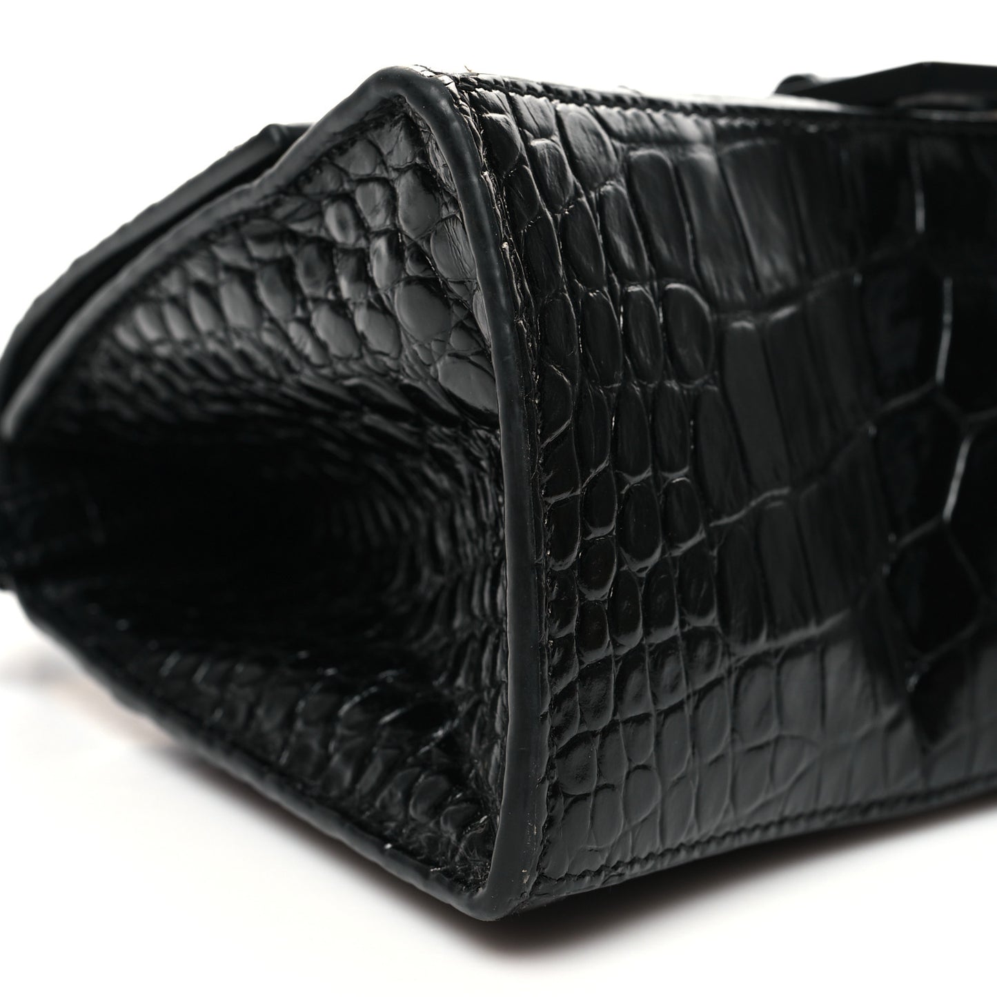 Shiny Calfskin Monochrome Crocodile Embossed Small Hourglass Top Handle Bag Black