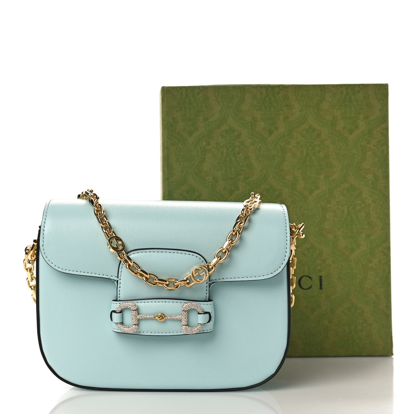 Azalea Calfskin Crystal GG Monogram Mini Horsebit 1955 Shoulder Bag Light Blue