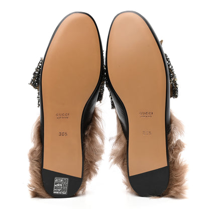 Gucci Malaga Kid Fur Crystal Bow Embroidered Womens Princetown Slippers 36.5 Black 5 of 7