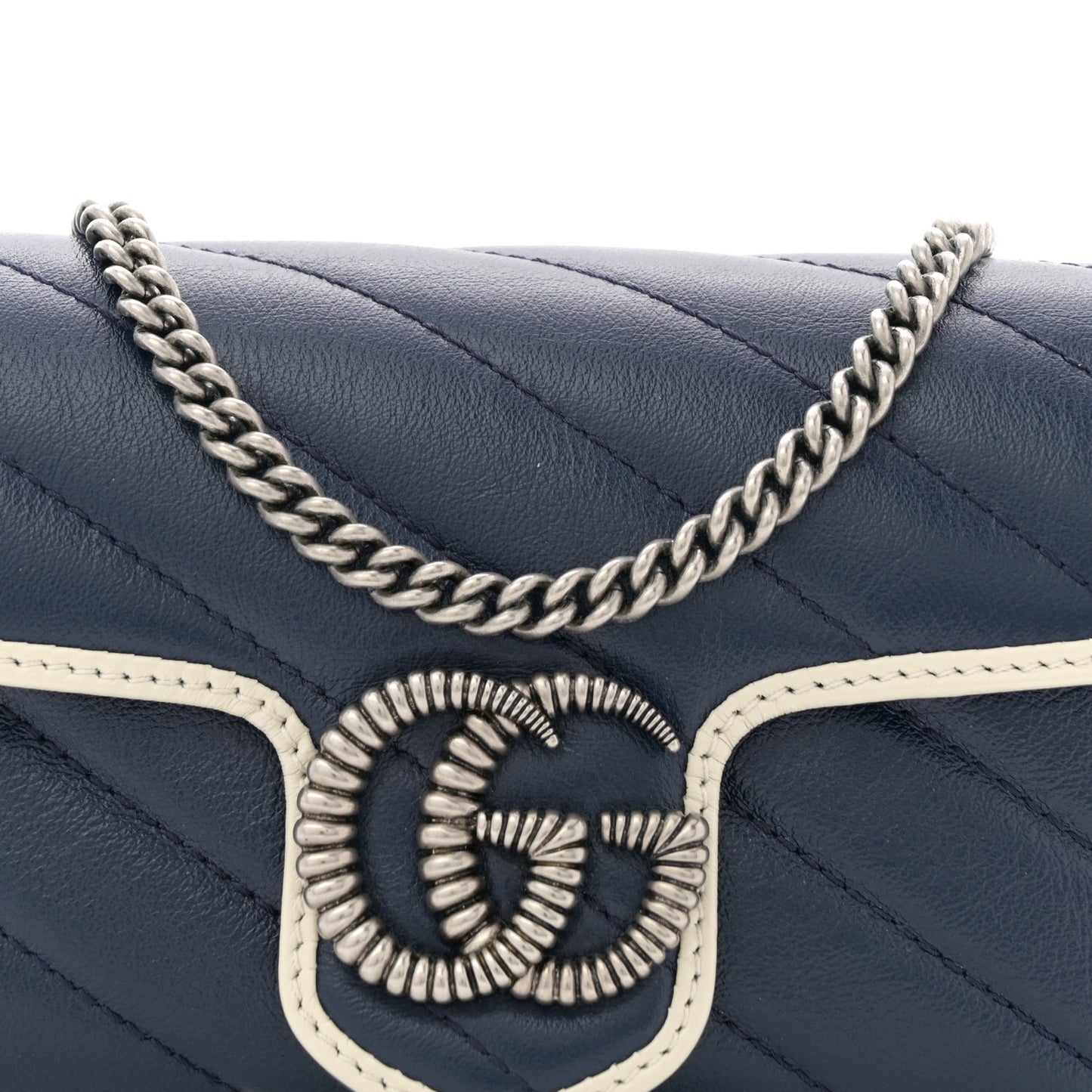 Vintage Effect Calfskin Matelasse Diagonal Super Mini Torchon GG Marmont Shoulder Bag Blue Agata Mystic White