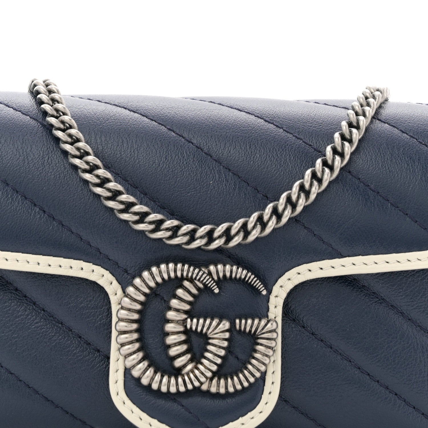 Gucci Vintage Effect Calfskin Matelasse Diagonal Super Mini Torchon GG Marmont Shoulder Bag Blue Agata Mystic White 8 of 10