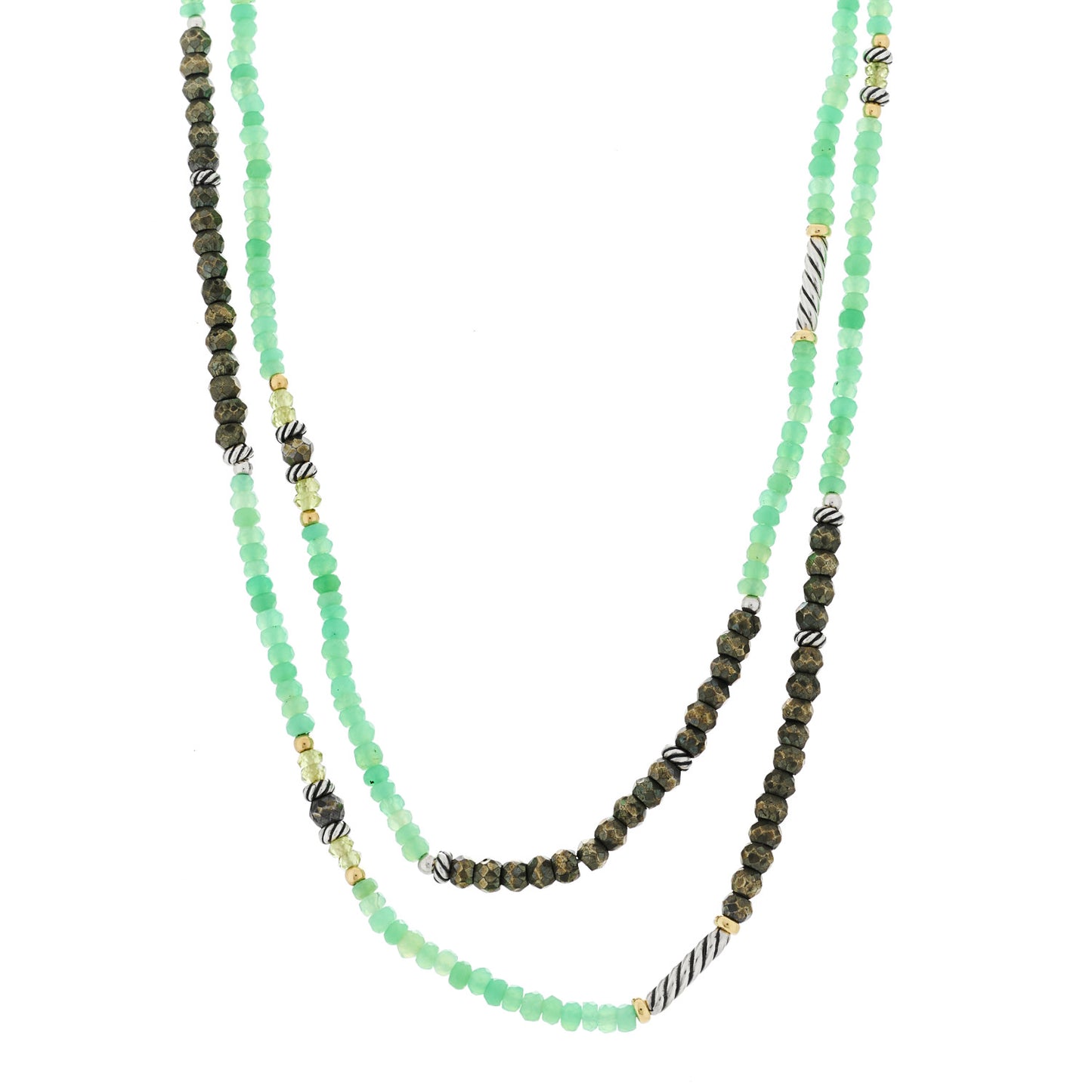 Sterling Silver 18K Yellow Gold Chrysoprase Peridot Pyrite Bead Necklace
