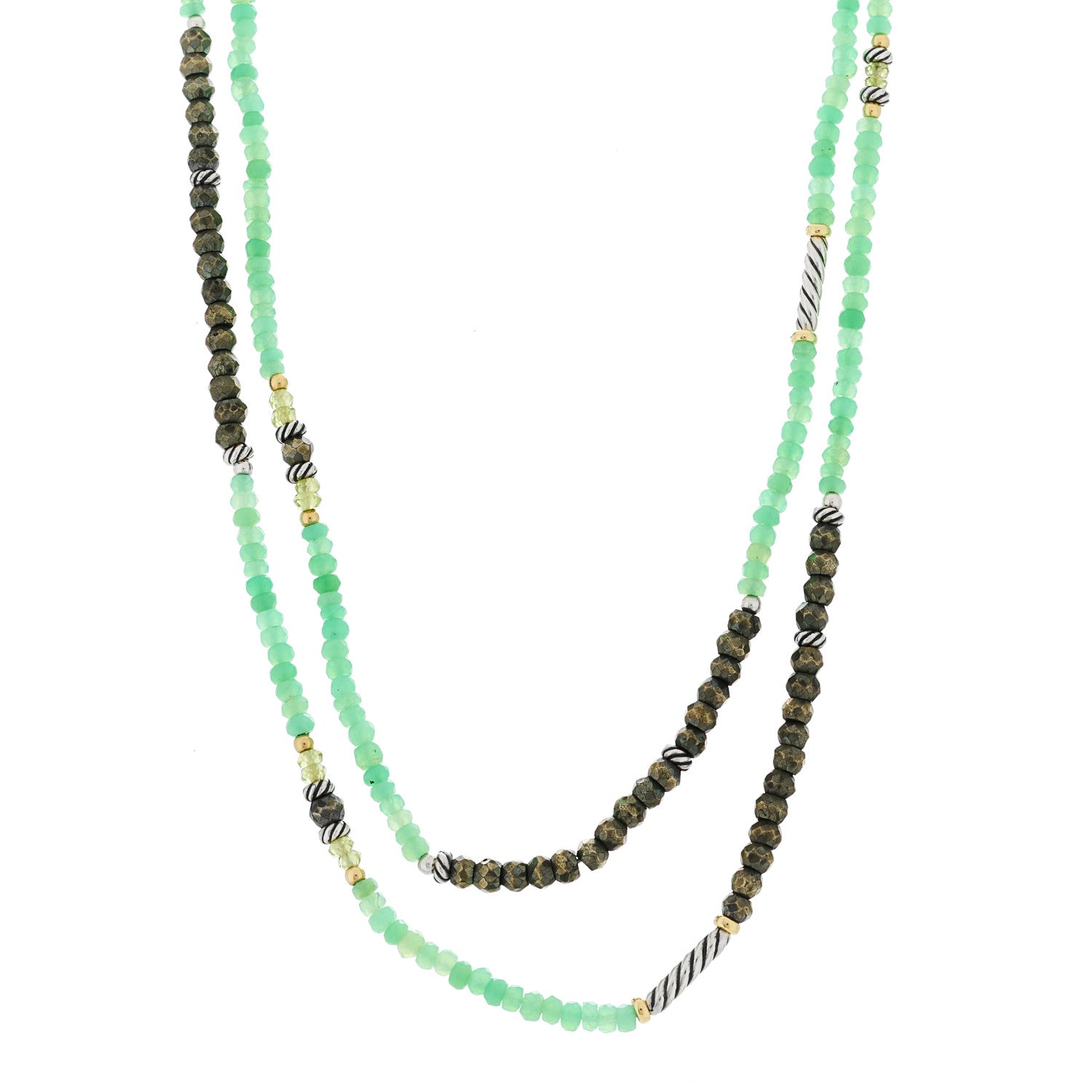 David Yurman Sterling Silver 18K Yellow Gold Chrysoprase Peridot Pyrite Bead Necklace 1 of 5