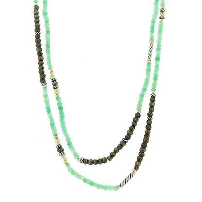 David Yurman Sterling Silver 18K Yellow Gold Chrysoprase Peridot Pyrite Bead Necklace 1 of 5