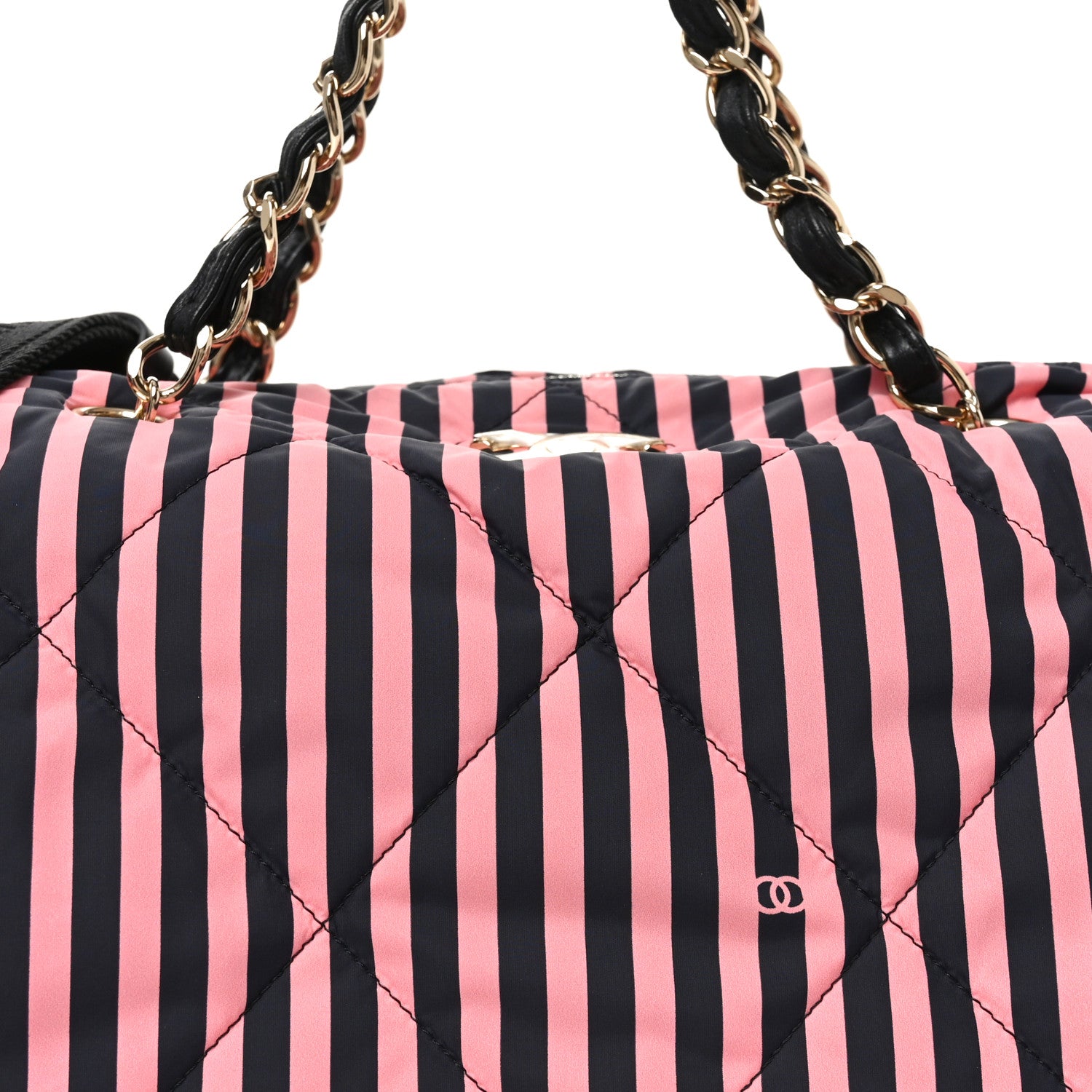 Chanel Nylon Striped Quilted Coco Beach Large Bowling Bag Black Coral 8 of 10