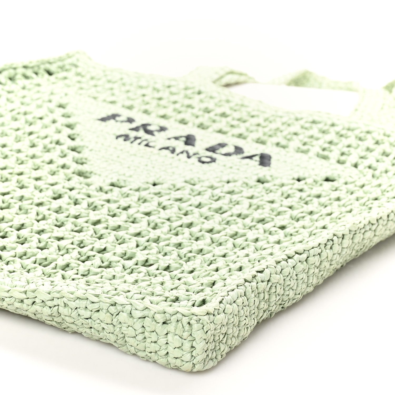 Prada Yarn Raffia Effect Crochet Logo Embroidered Tote Bag Acqua 9 of 9