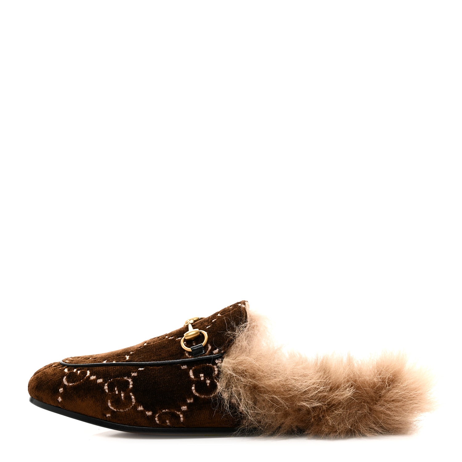Gucci Velvet GG Monogram Fur Womens Princetown Slippers 38 Brown Black Natural 1 of 10