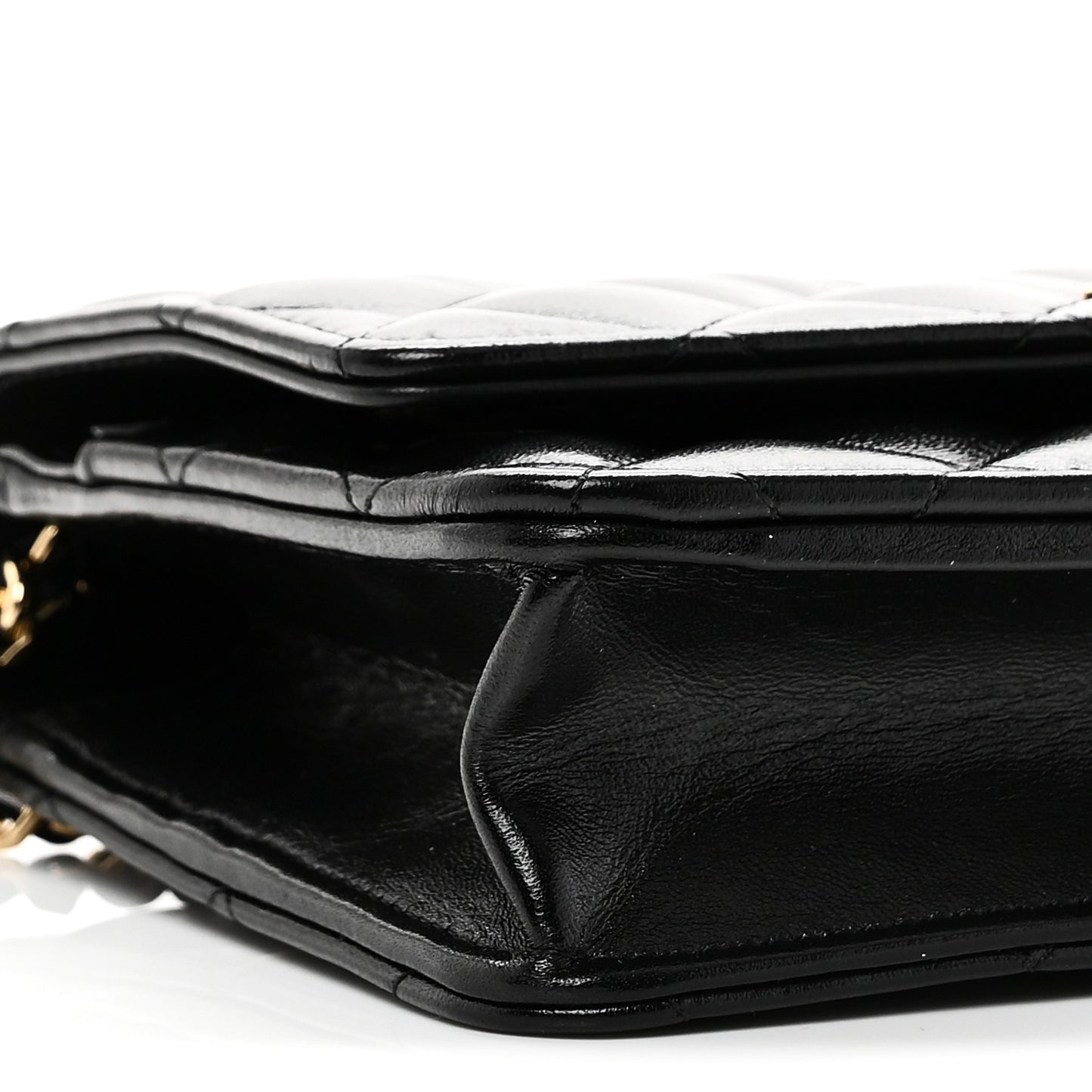 Shiny Lambskin Quilted CC Pearl Wallet on Chain WOC Black