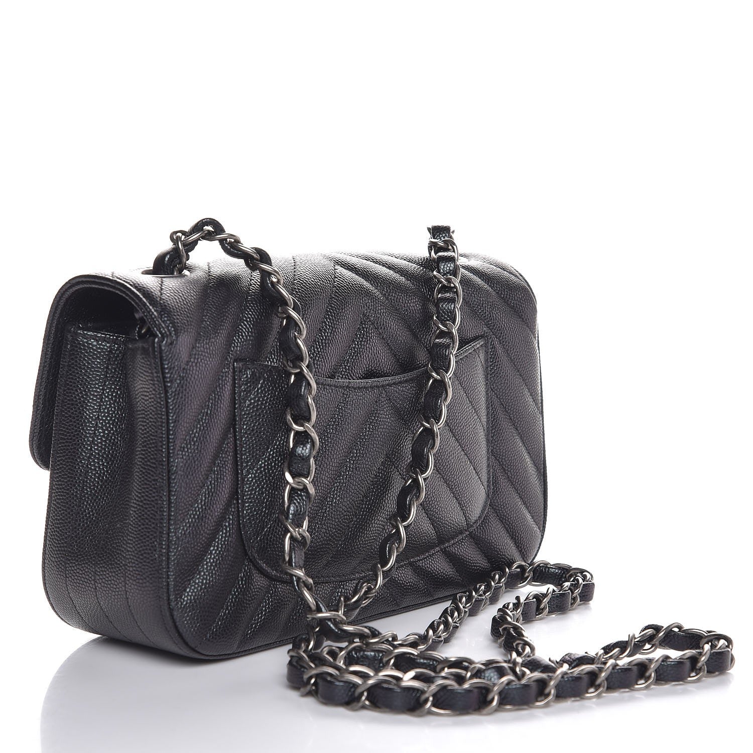 Chanel Metallic Caviar Chevron Quilted Mini Rectangular Flap Black 3 of 8