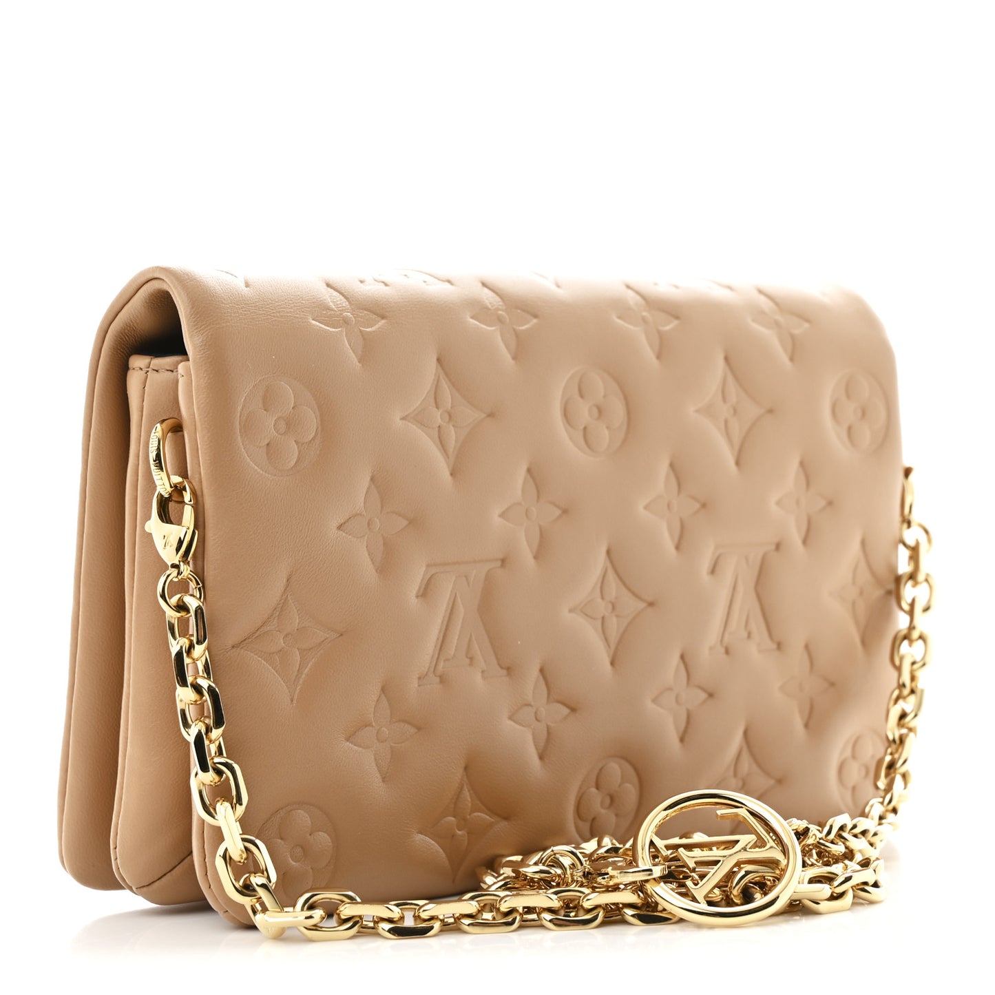Lambskin Embossed Monogram Pochette Coussin Camel