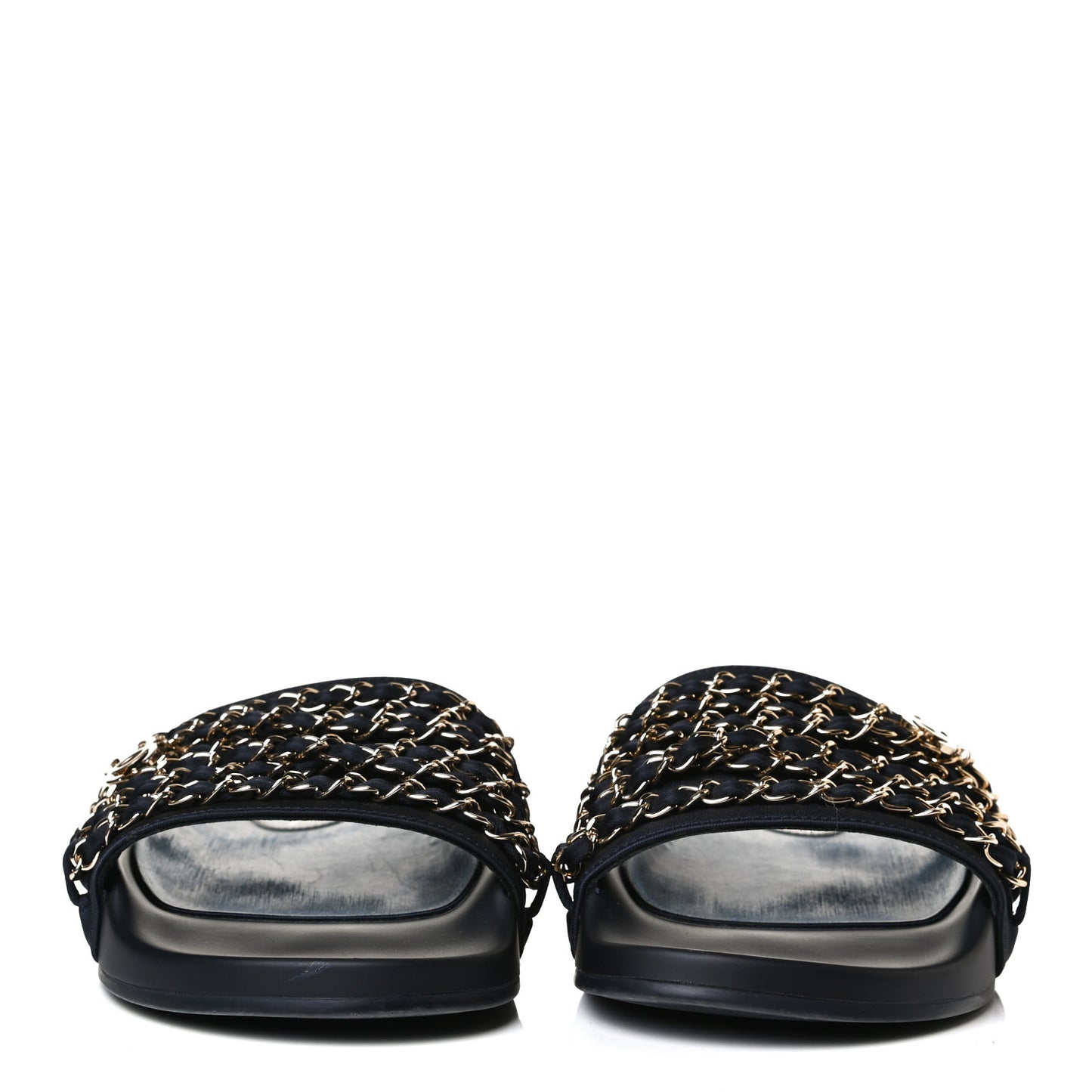 Satin Canvas Chain Slides Sandals Flats 40 Marine