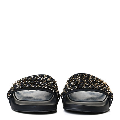 Chanel Satin Canvas Chain Slides Sandals Flats 40 Marine 2 of 13