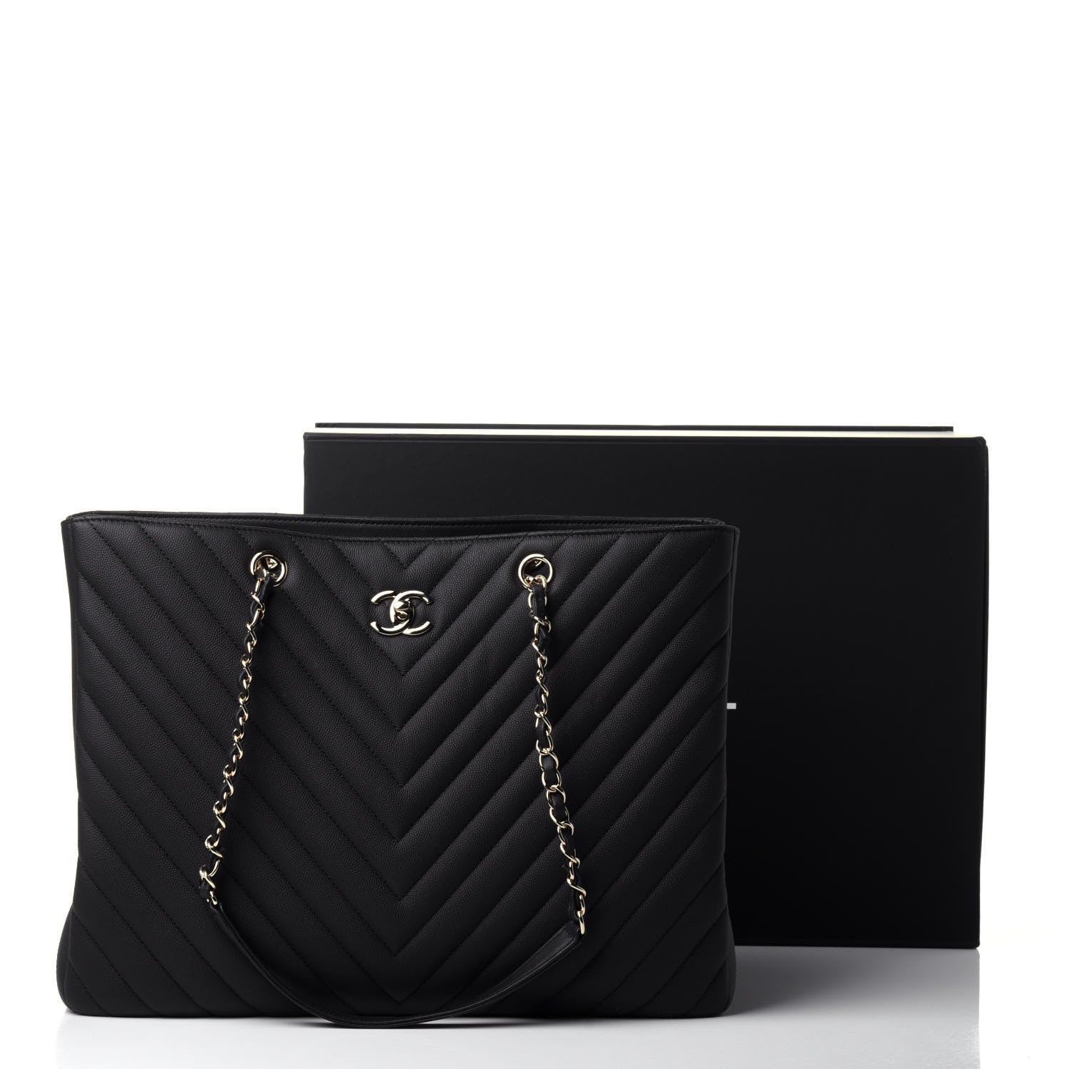 Chanel Caviar Flat Chevron Quilted Large Shopping Tote Black 10 of 10