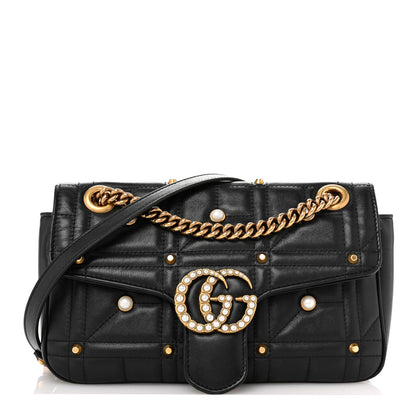 Gucci Calfskin Matelasse Studded Small Pearly GG Marmont Shoulder Bag Black 1 of 13