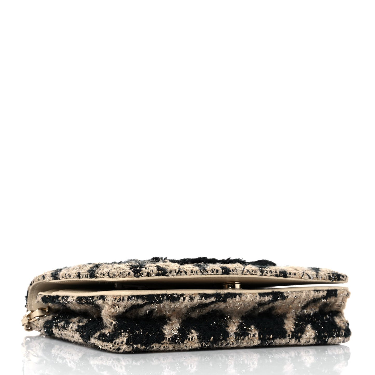 Tweed Shearling Quilted Chanel Wallet On Chain WOC Beige Black